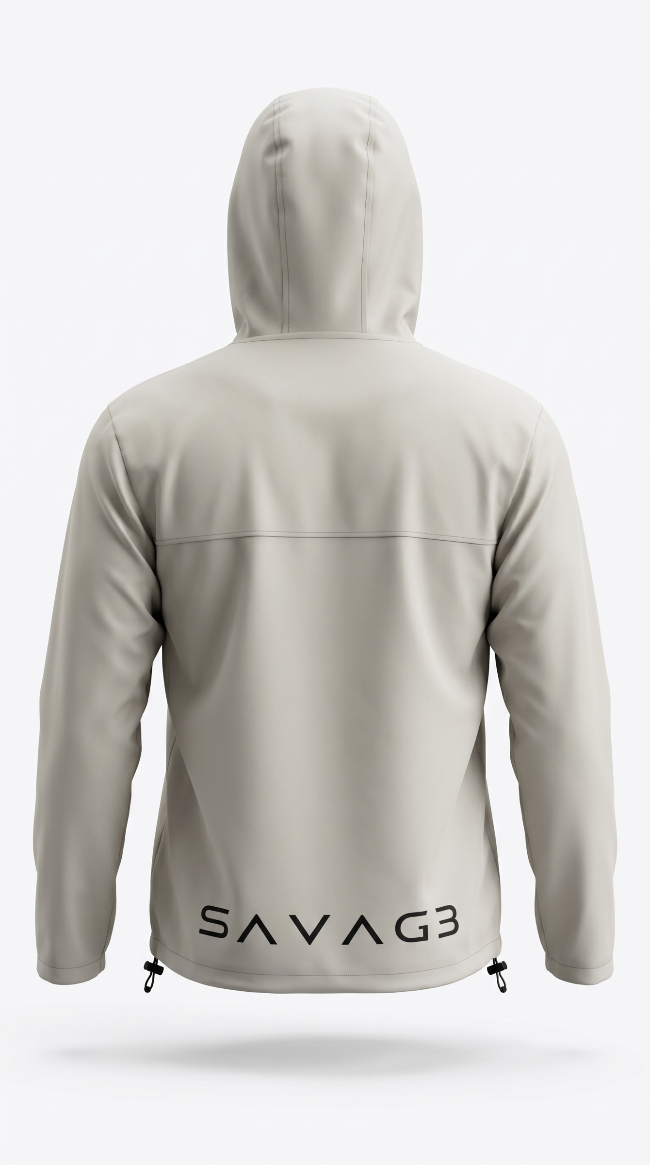 SAVAG3 light grey water-resistant anorak hooded jacket with snap closure and adjustable hem drawstrings.