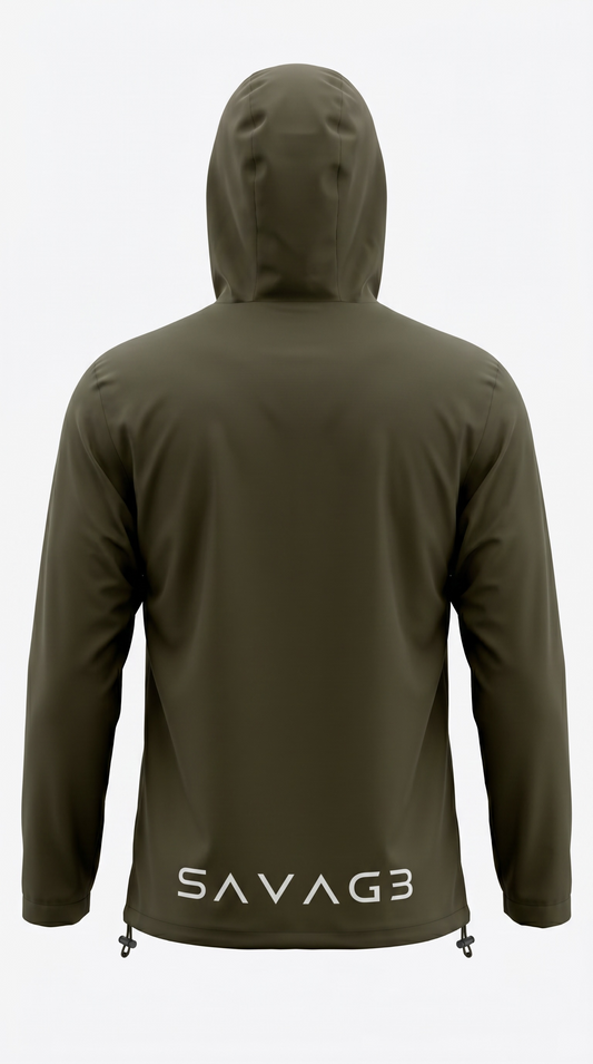 SAVAG3 olive green hooded anorak jacket with snap closure and adjustable hem drawstrings.