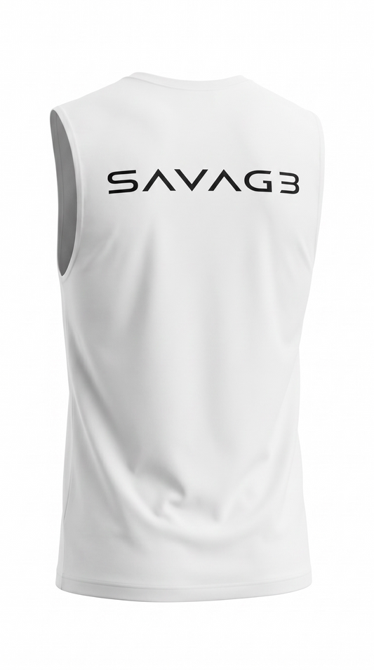 SAVAG3 white sleeveless athletic performance tank top with black logo on back. Lightweight, breathable fabric for workouts.