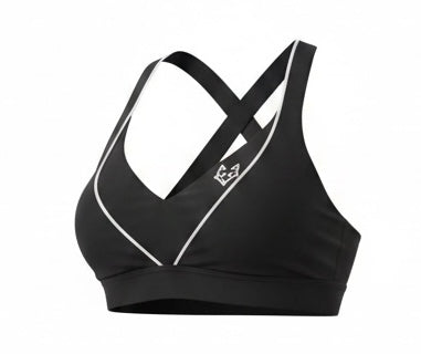 Woman's black SAVAG3 ATHENA™ performance sports bra featuring a premium cross-back design, breathable fabric, and supportive fit for gym training and everyday activewear.