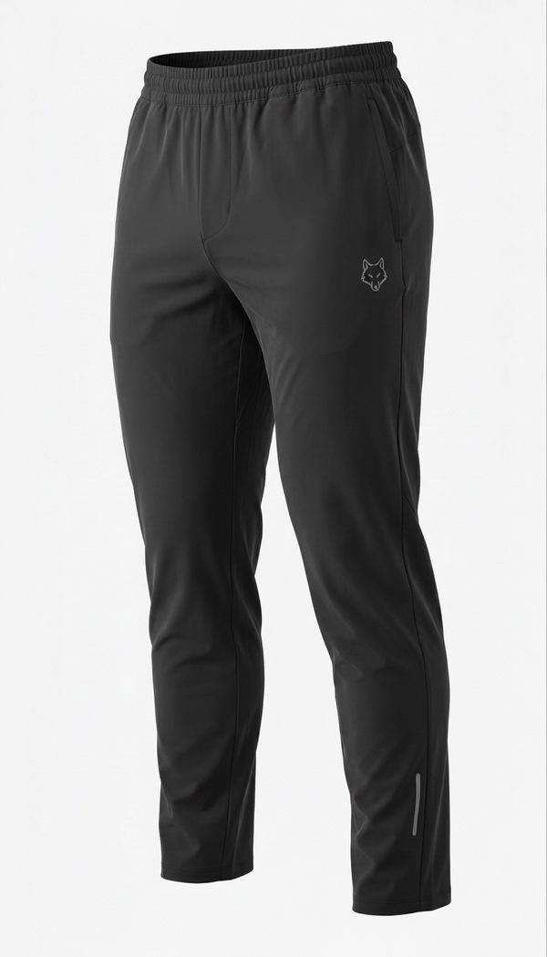 SAVAG3 black athletic training pants with elastic waistband, side pockets, and reflective detailing on lower leg.
