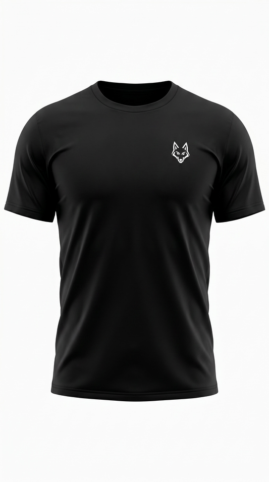 SAVAG3 black short sleeve t-shirt with white wolf logo on chest. Relaxed fit, crew neck, breathable fabric.