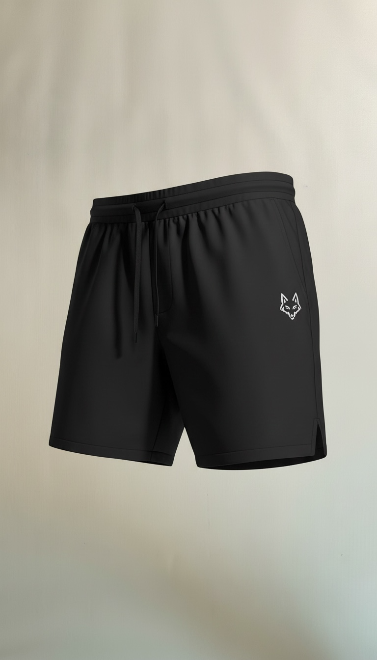 SAVAG3 black athletic performance training shorts with drawstring elastic waistband and white logo emblem.