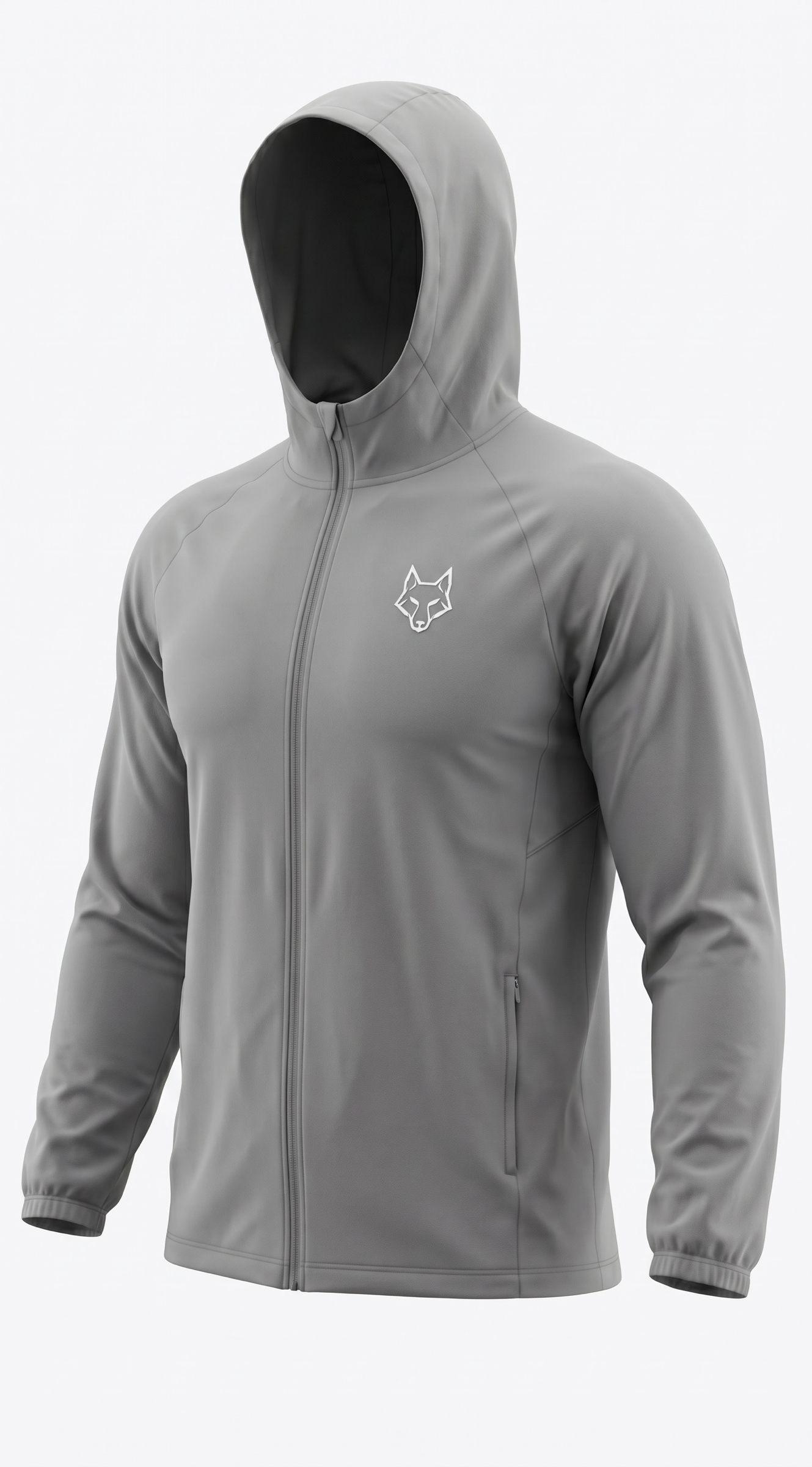 SAVAG3 grey athletic hooded jacket with full zip, zippered pockets, and embroidered fox logo on chest.