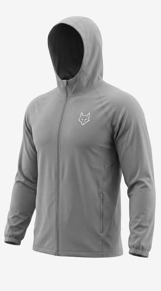 SAVAG3 grey athletic hooded jacket with full zip, zippered pockets, and embroidered fox logo on chest.