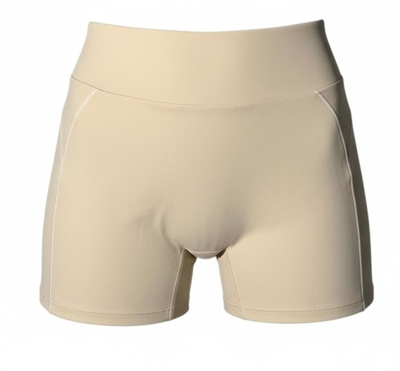 Women's beige SAVAG3 HERA™ high-waisted performance shorts featuring a sculpting fit, breathable premium fabric, and minimalist activewear design