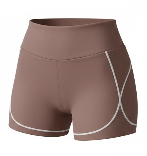 Women's beige SAVAG3 HERA™ high-waisted performance shorts featuring a sculpting fit, breathable premium fabric, and minimalist activewear design