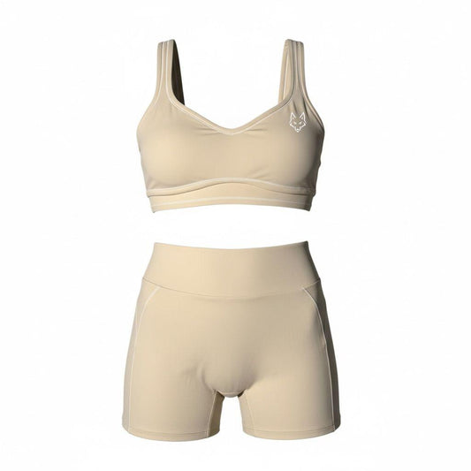 Woman's SAVAG3 HERA™ premium activewear set featuring a performance sports bra and high-waisted shorts designed for gym workouts, Pilates, yoga, and everyday wear.