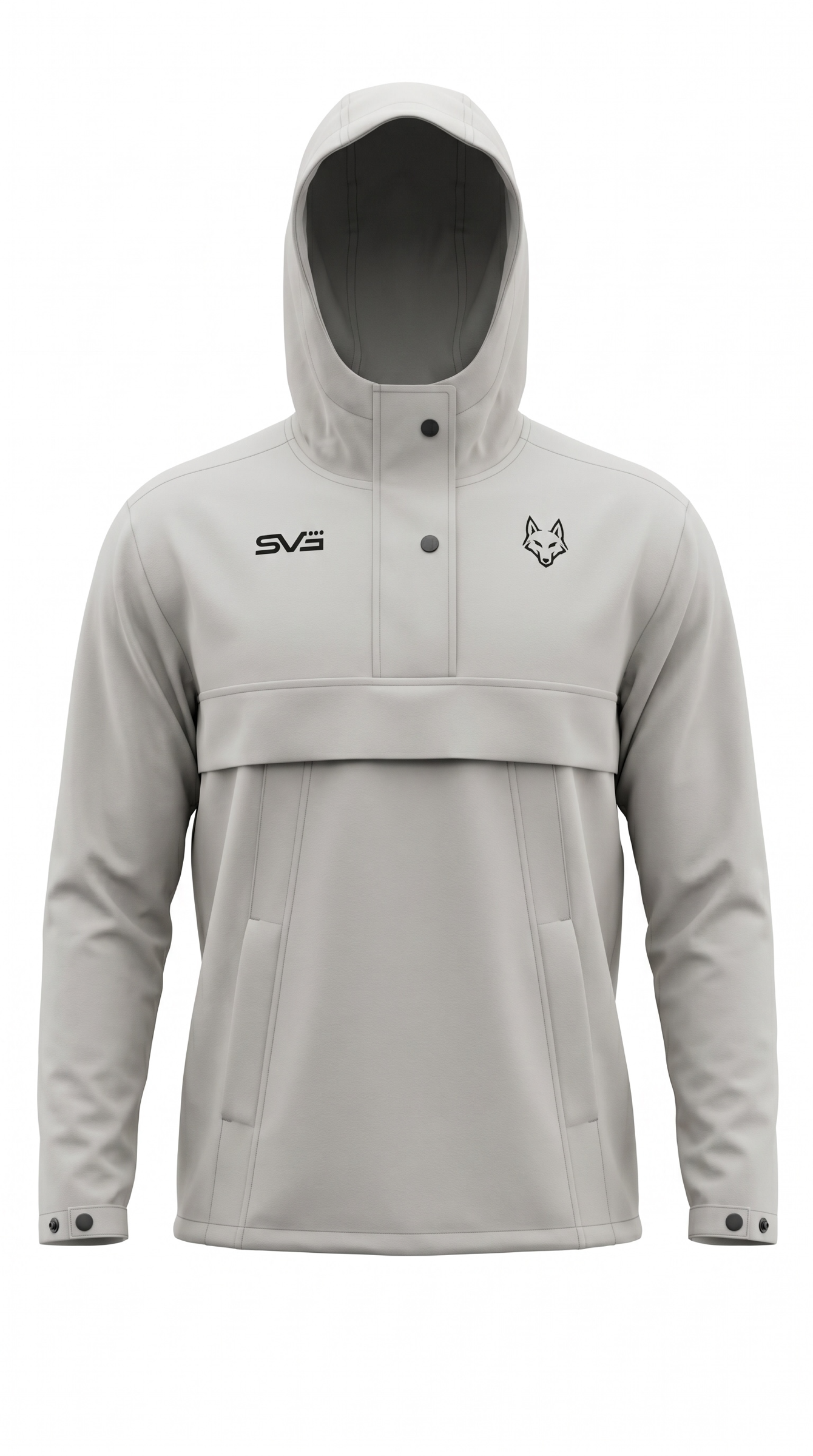 SAVAG3 light grey water-resistant anorak jacket with hood, snap closure, kangaroo pocket, and wolf logo.