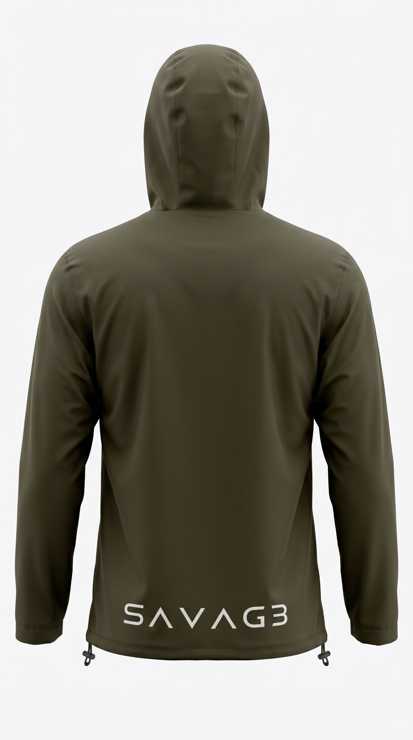 SAVAG3 olive green hooded anorak jacket with snap closure and adjustable hem drawstrings.