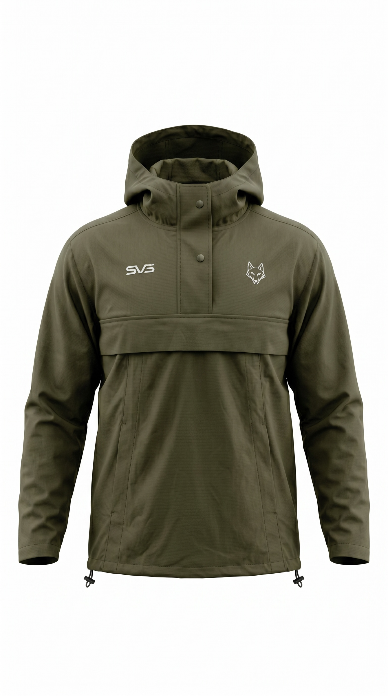 SAVAG3 olive green water-resistant anorak jacket with hood, snap closure, kangaroo pocket, and wolf logo.