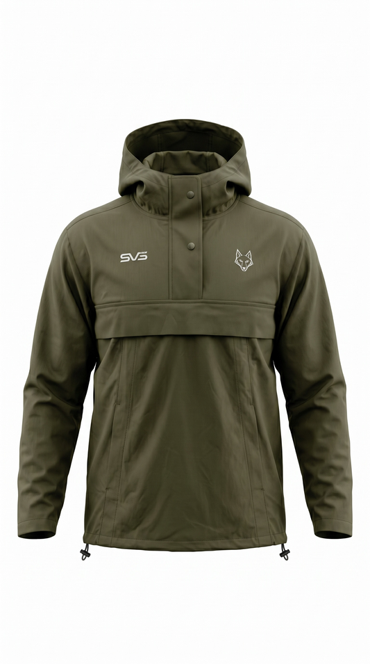 SAVAG3 olive green water-resistant anorak jacket with hood, snap closure, kangaroo pocket, and wolf logo.