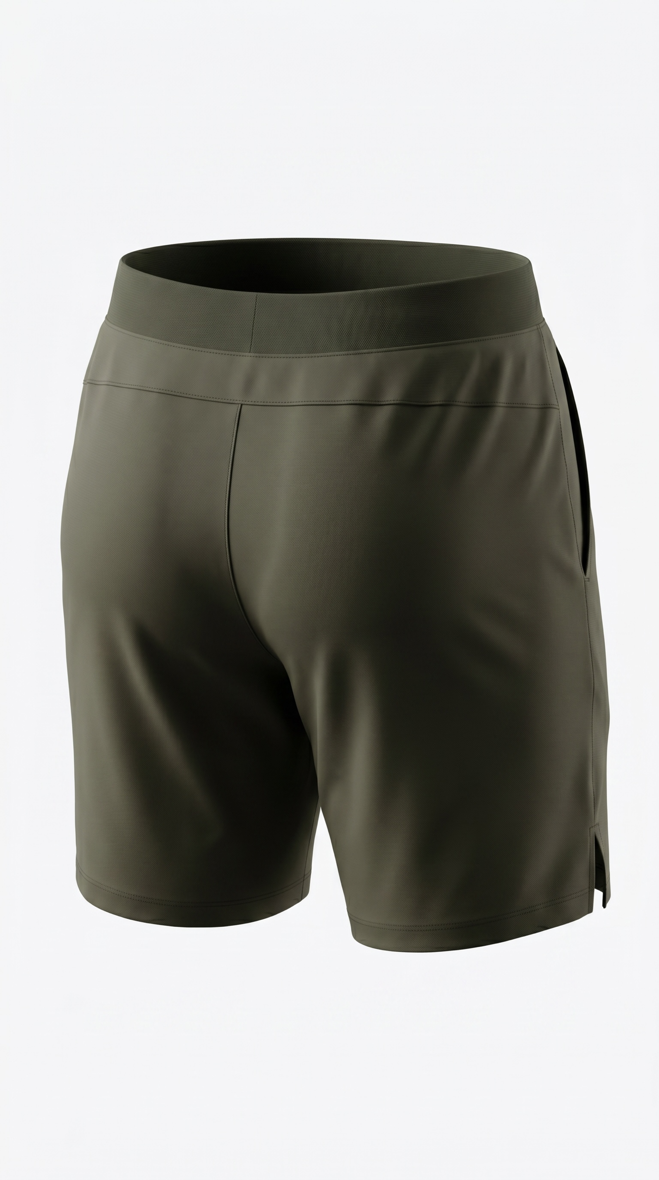 SAVAG3 olive green athletic performance training shorts with elastic waistband and side pockets.