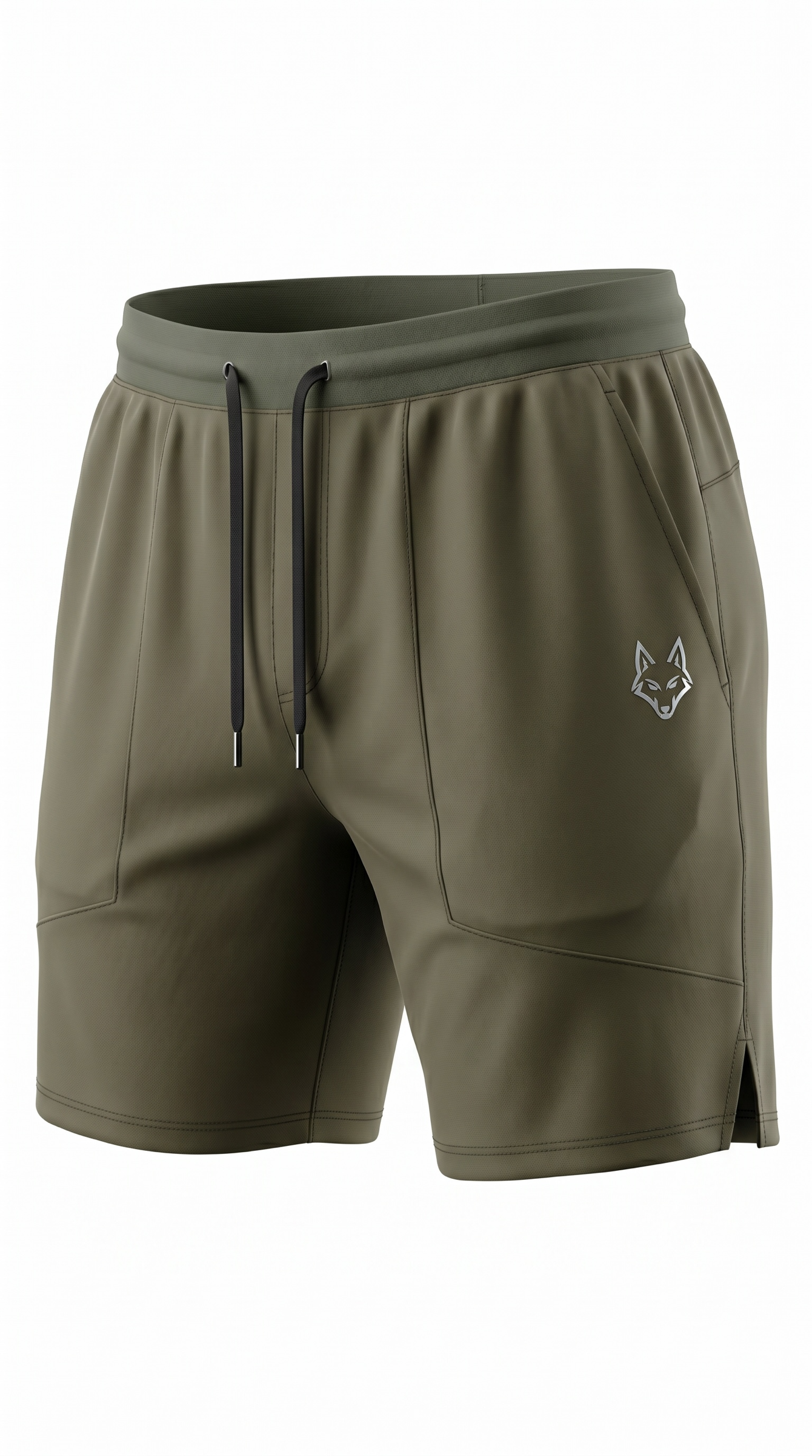 SAVAG3 olive green athletic performance shorts with drawstring, side pockets, and logo emblem.