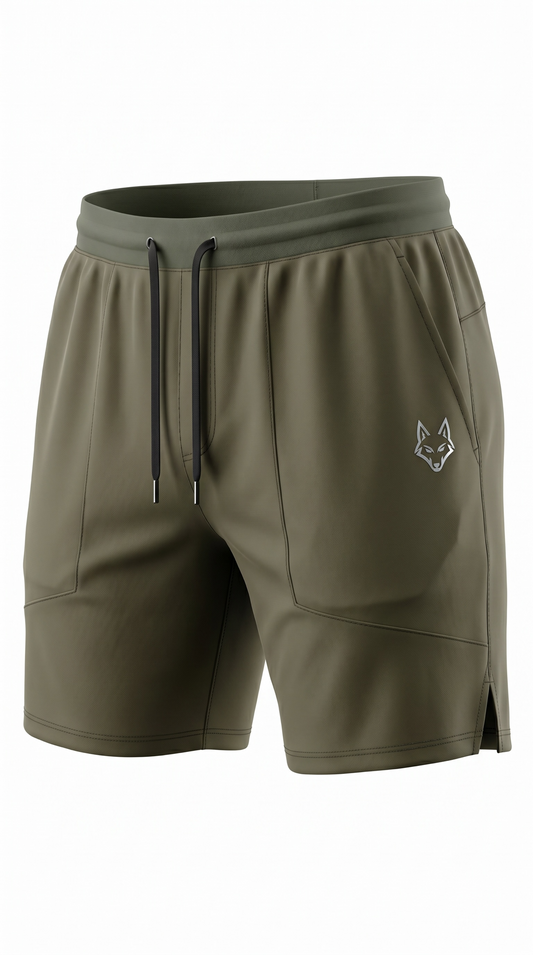 SAVAG3 olive green athletic performance shorts with drawstring, side pockets, and logo emblem.