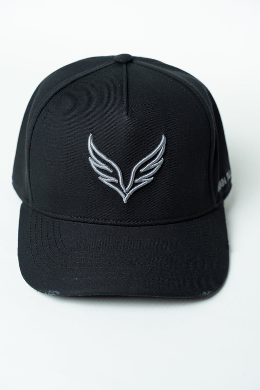 Black SAVAG3 Vintage Cotton Cap featuring an embroidered wolf logo and distressed curved brim
