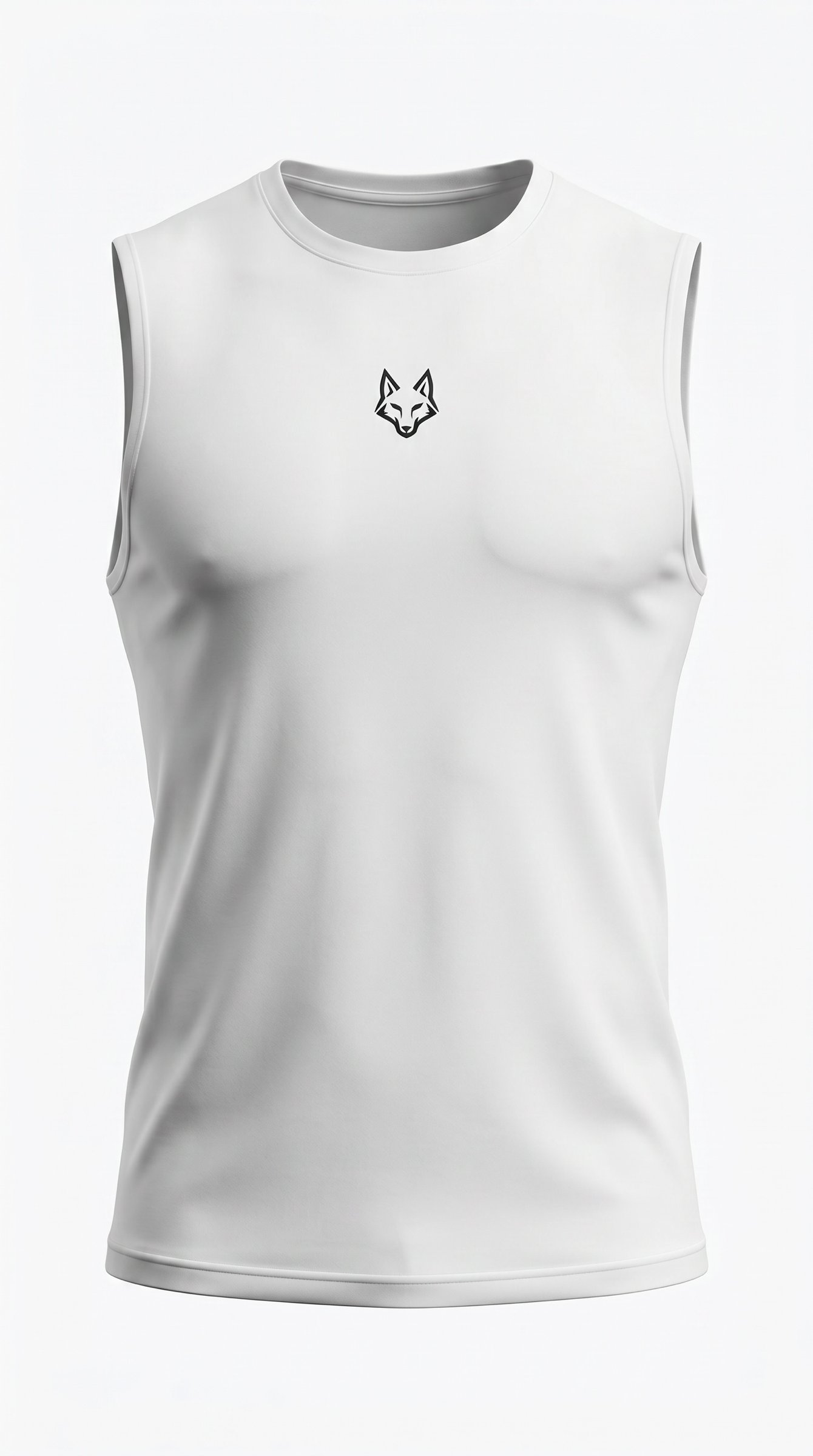 SAVAG3 white sleeveless athletic performance tank top with a black fox logo on the chest.