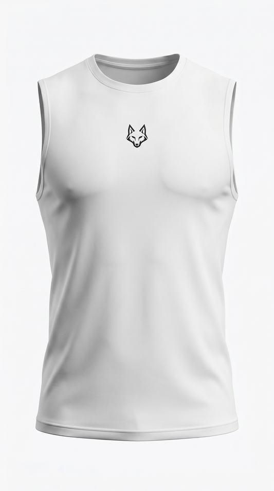 SAVAG3 white sleeveless athletic performance tank top with a black fox logo on the chest.